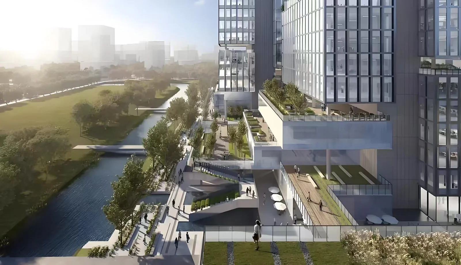Modern high-rise building with outdoor terrace decks