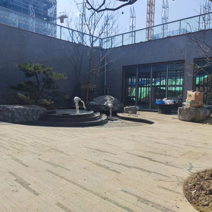 Water feature with pedestal-supported paving